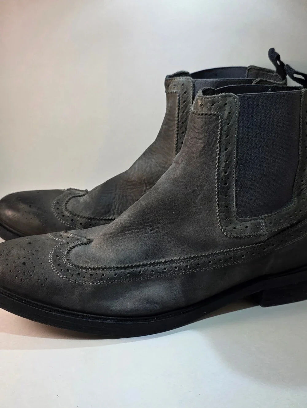 All Saints Grey Military Patina Brogue Leather Chelsea Wingtip Slip On Boots 46
